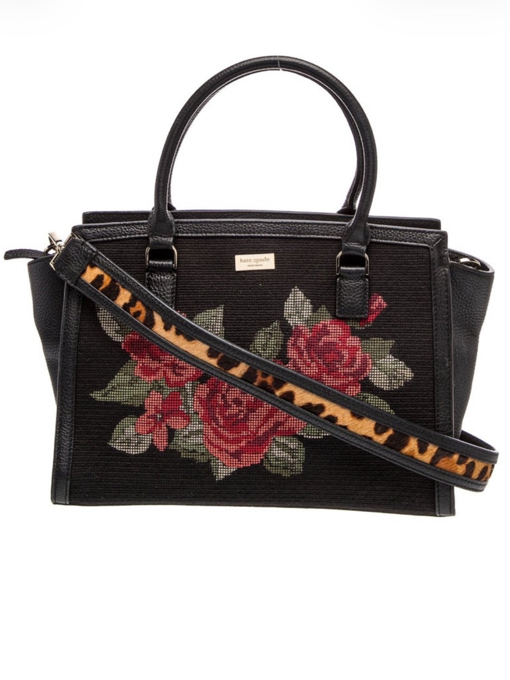 kate spade Black Leather Bag w/ Canvas & Red Rose Embroidery w/ Leopard Strap